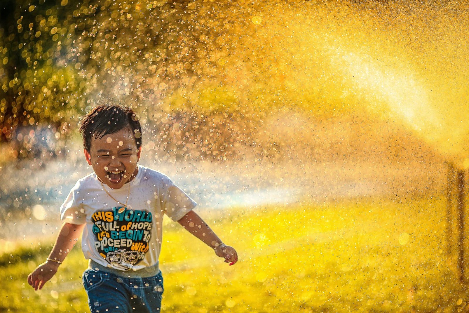 Boy playing in sprinklers